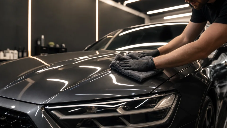 Detailer pielęgnujący lakier ciemnego samochodu w studiu detailingowym